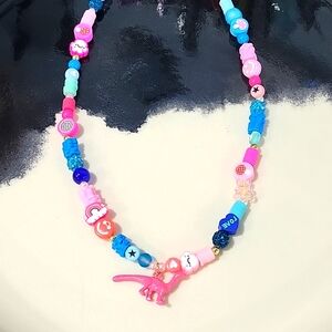 One of a kind handmade kitsch charm necklace blue pink